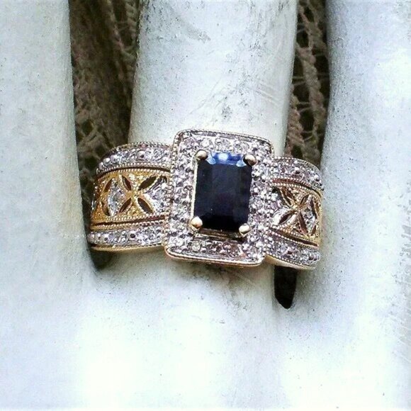 Designer 14K Yellow Gold Sapphire Diamond Halo Cluster Filigree Ring P - Picture 2 of 8